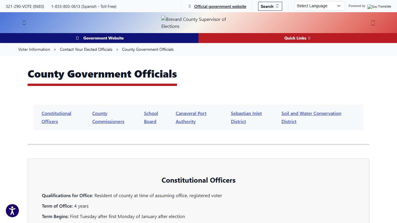 Brevard County Supervisor of Elections > Voter Information > Contact Your Elected Officials > County Government Officials